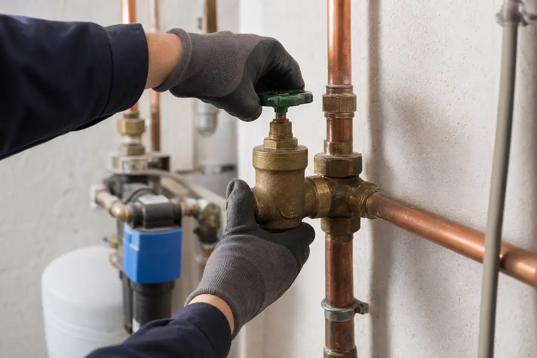 Mains gantées fermant la vanne d'arrêt général d'eau dans un local technique d'un logement romand