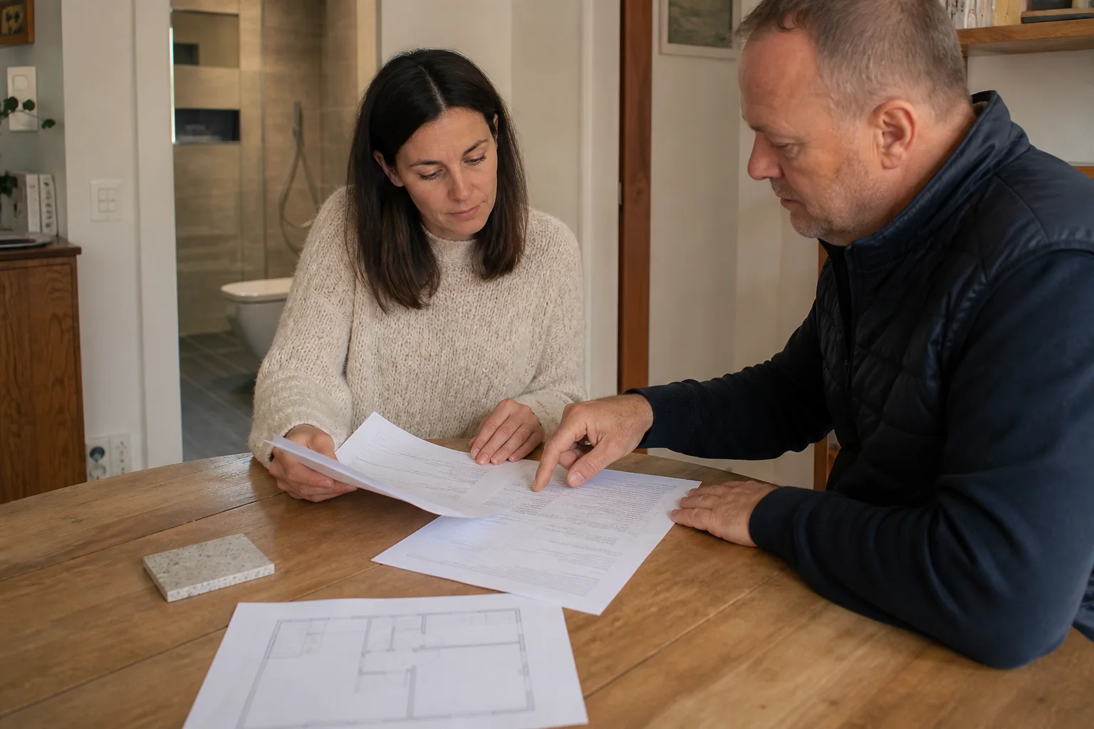 Une propriétaire compare des offres de rénovation avec une grille de périmètre claire.
