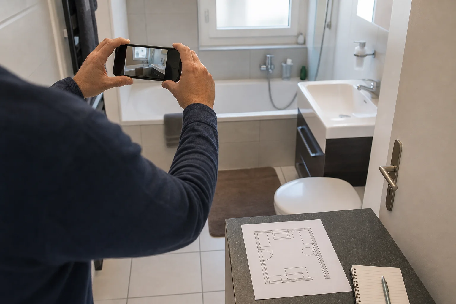 Des photos, un plan et des repères d’accès préparent une visite de rénovation de douche.