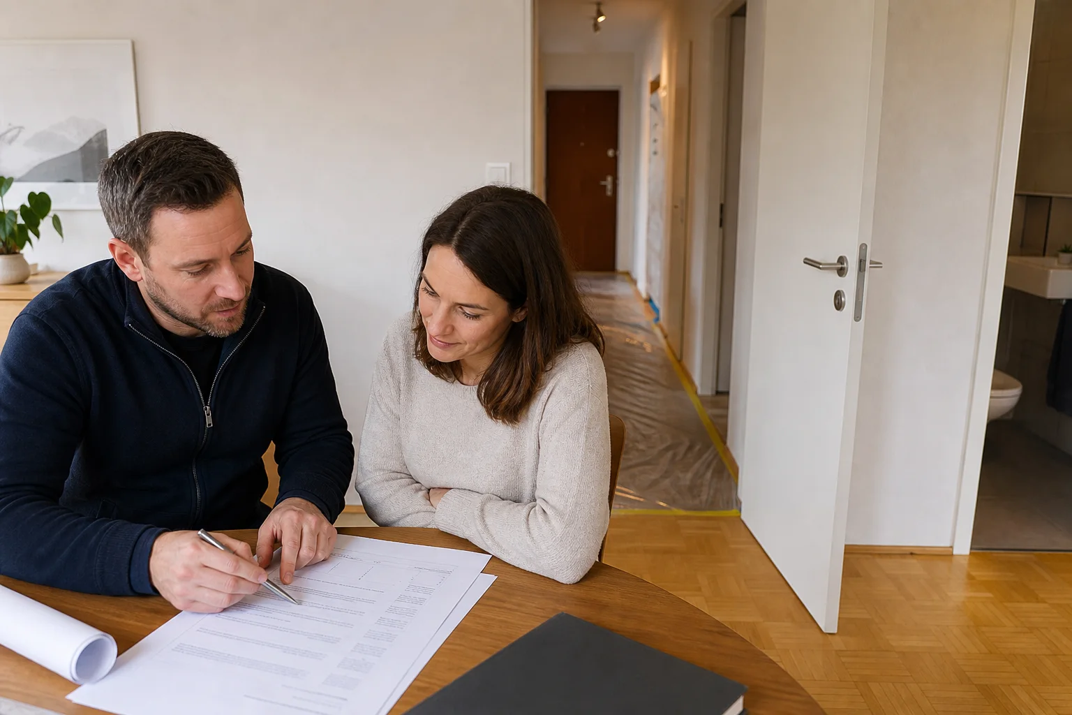 Une réunion de chantier permet de coordonner plomberie, ventilation, électricité et finitions.