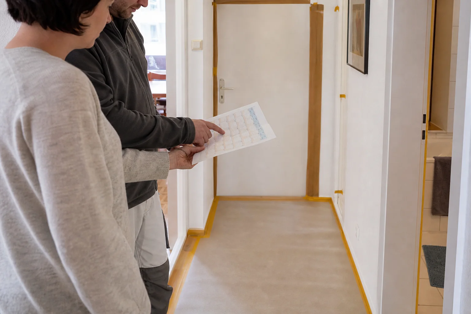 Un couloir protégé et un calendrier de travaux organisent un chantier de salle de bains habitée.