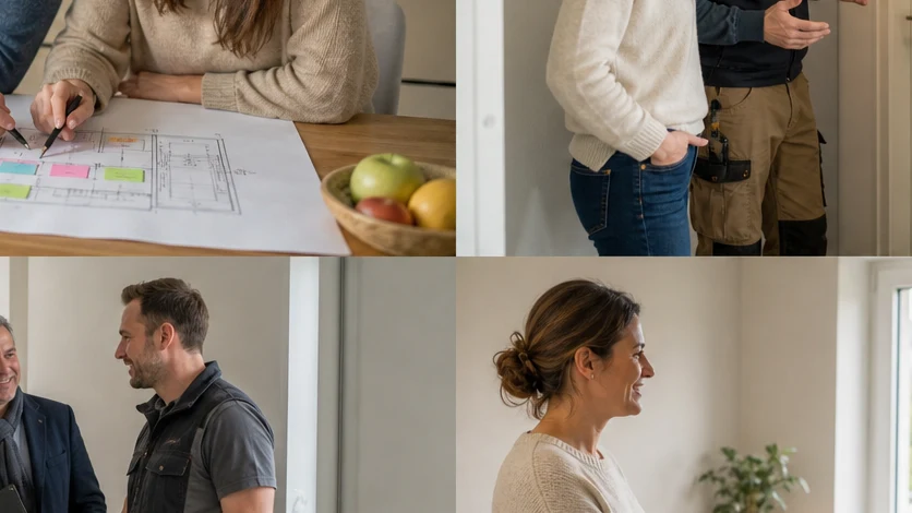Un couple place des repères d’usage sur un plan simple de buanderie