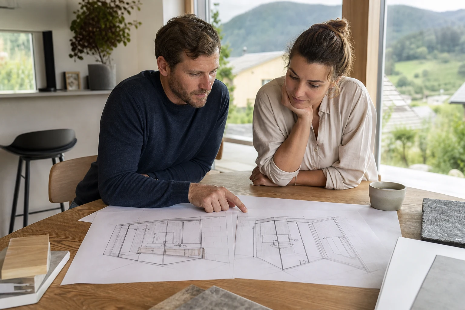 Couple comparant l’implantation d’une douche et d’un meuble vasque sur un plan