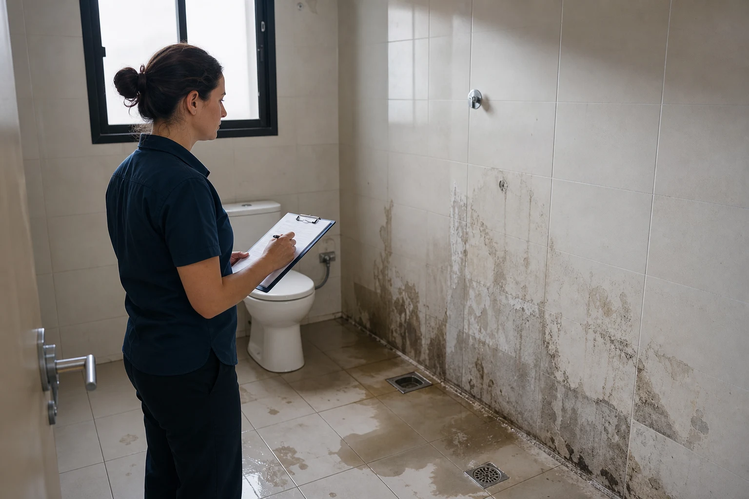 Technicienne observant les arrivées d’eau et évacuations d’une salle de bains avant rénovation